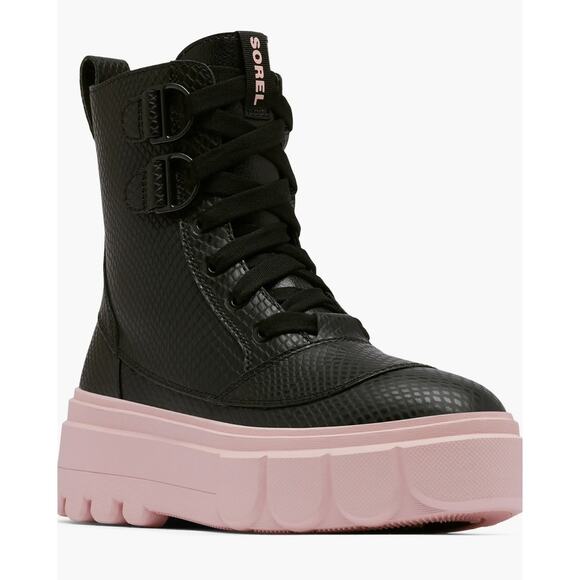 Sorel Caribou X Waterproof Leather Lace-Up Boot 6 Black Pink Combat Moto Grunge - Picture 1 of 9